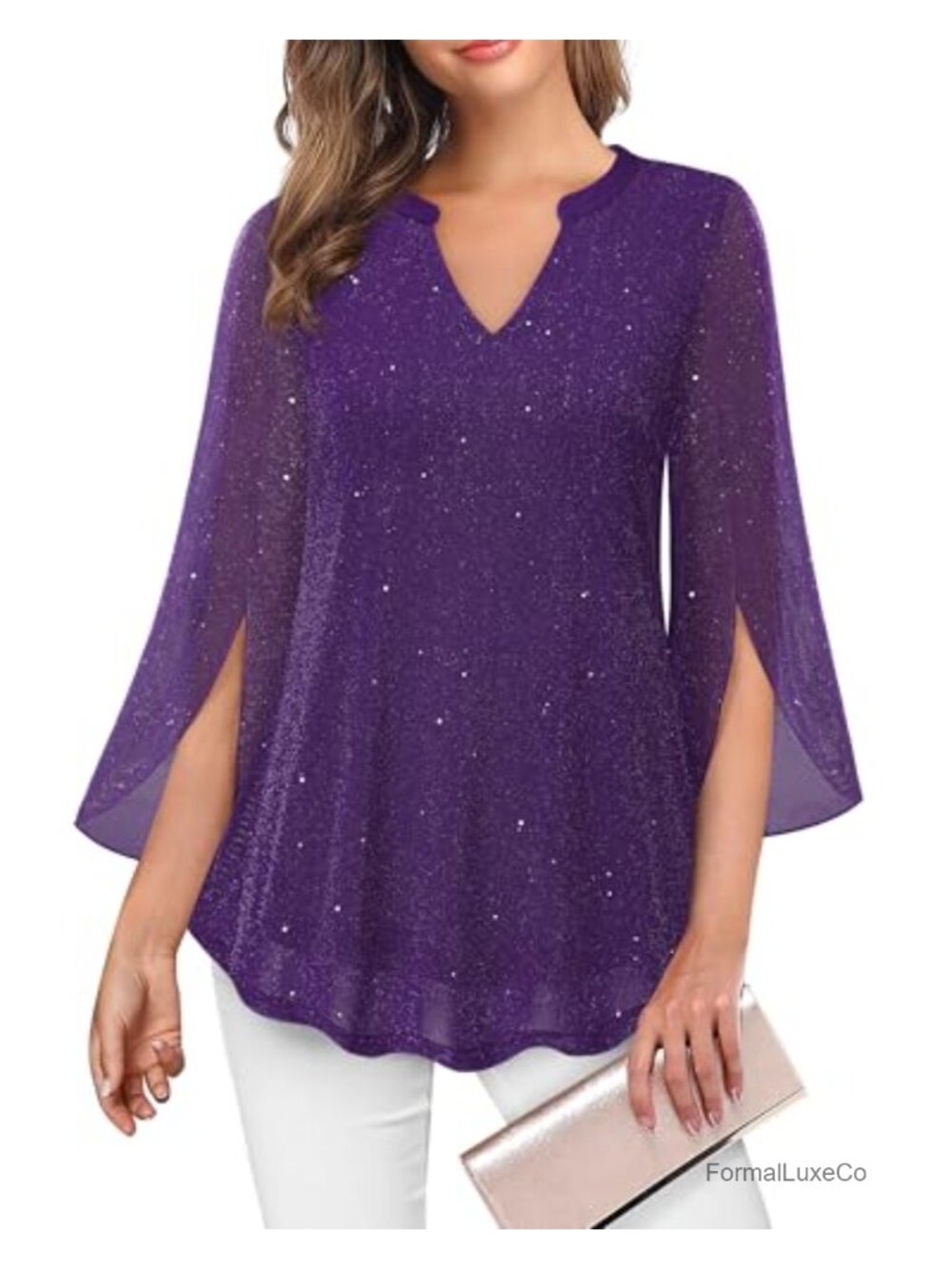 Women's 3/4 Sleeve Floral Tunic V Neck Double Layer Mesh Blouse Loose Fit Top